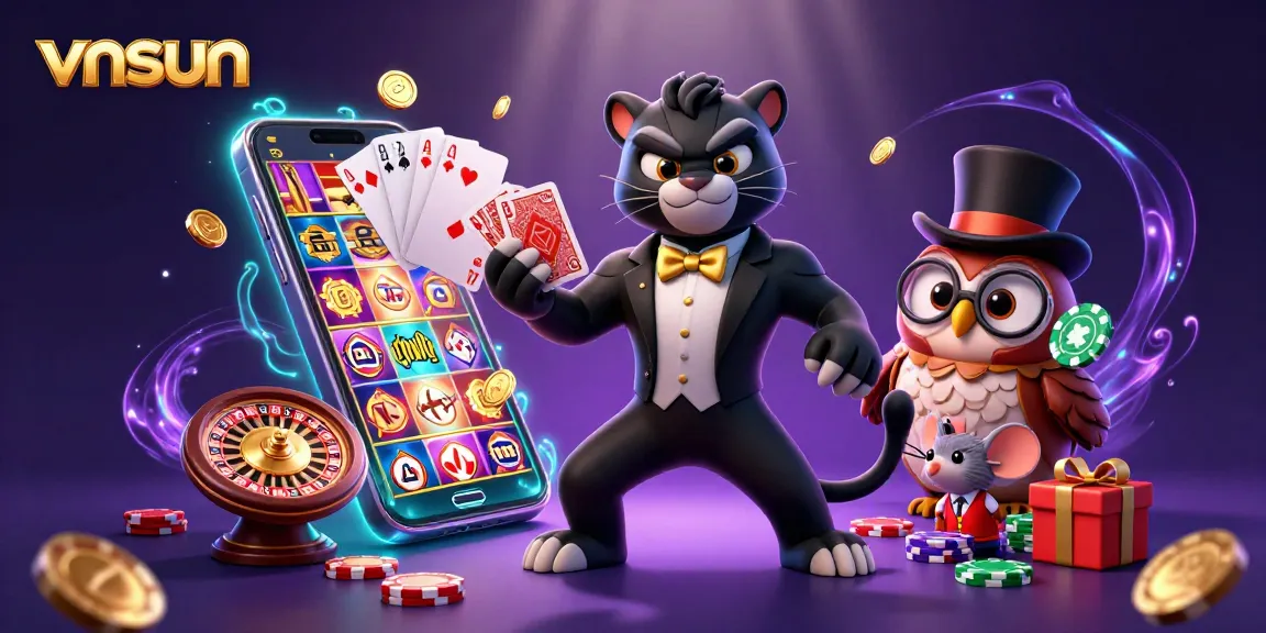 Engage in winning strategies at vnsun's vibrant 3D casino scene with lively characters and gaming elements.