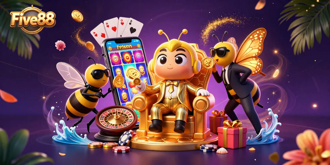 Engage with Five88's exciting slot games featuring a buzzing bumblebee mob boss and colorful casino elements.