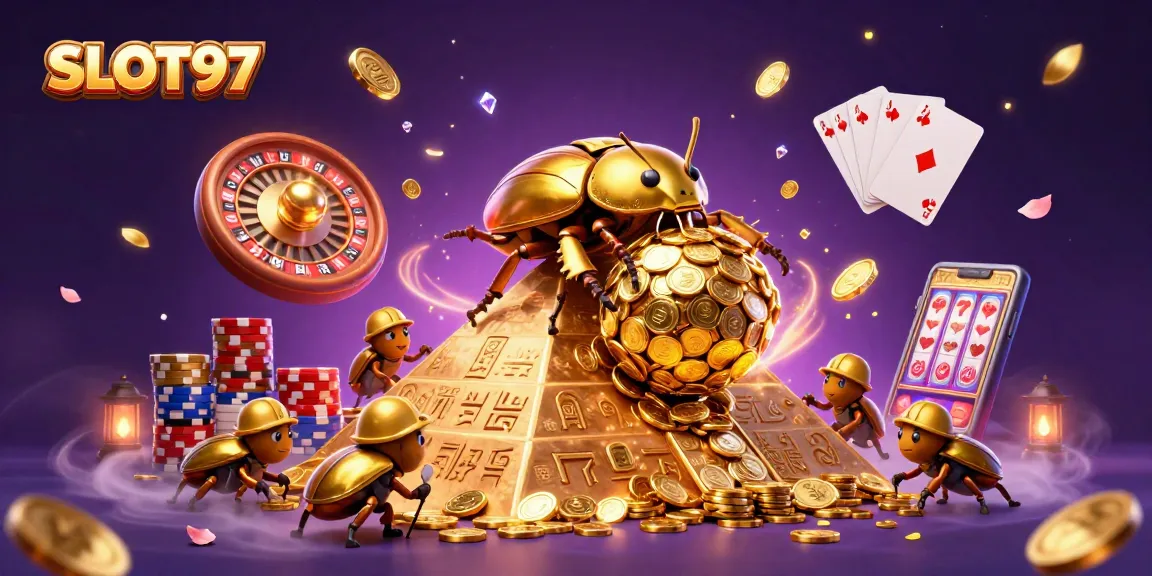 SLOT97 offers alternative access solutions with exciting golden coins and casino characters illustrated.