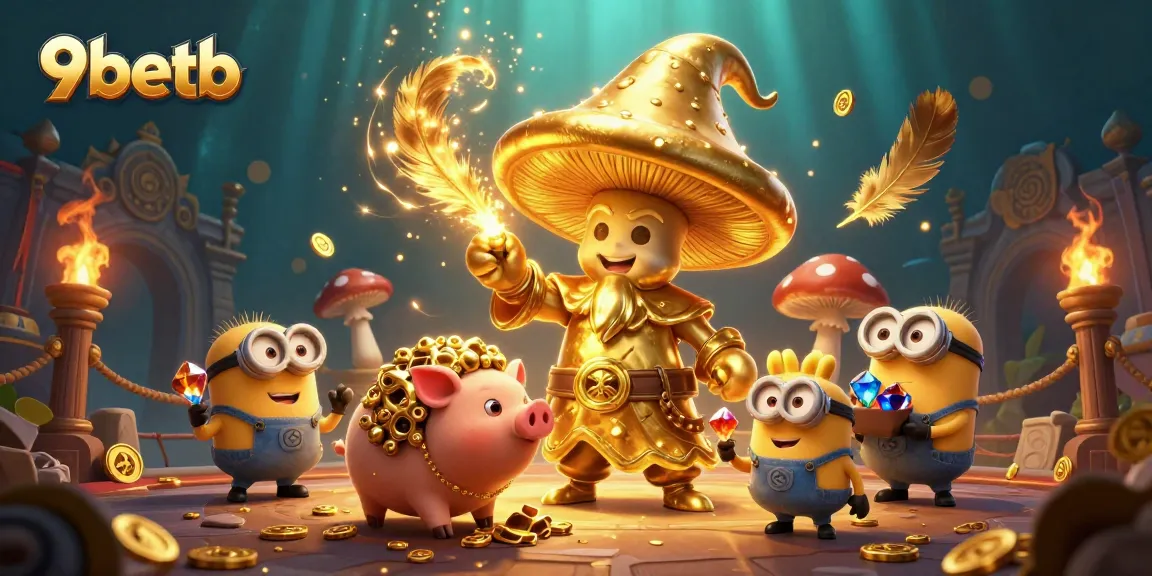 Experience the thrilling world of 9betb with golden characters and vibrant casino elements.