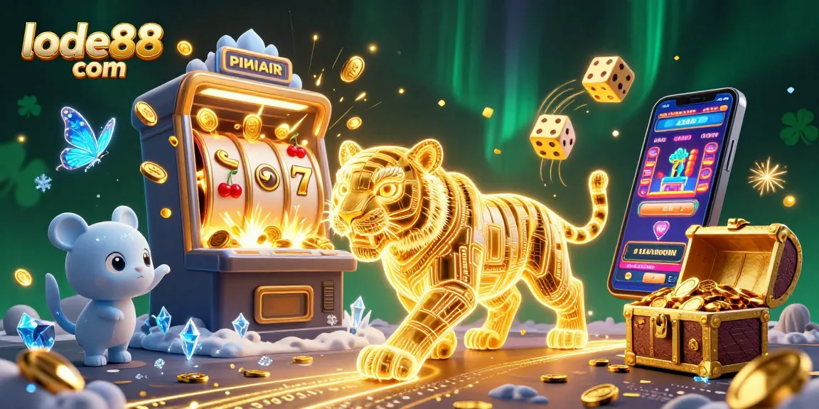 Experience the excitement at lode88 com with a vibrant, dynamic casino scene, featuring golden tiger and jackpot elements.