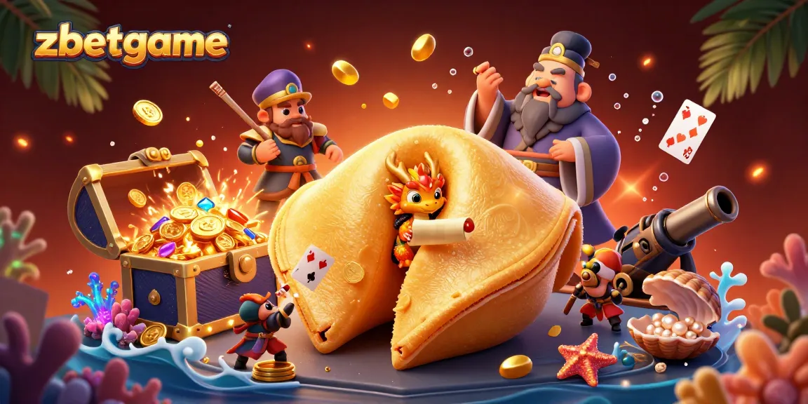 Engage with zbetgame through vibrant casino imagery featuring fortune cookies and gold treasures.