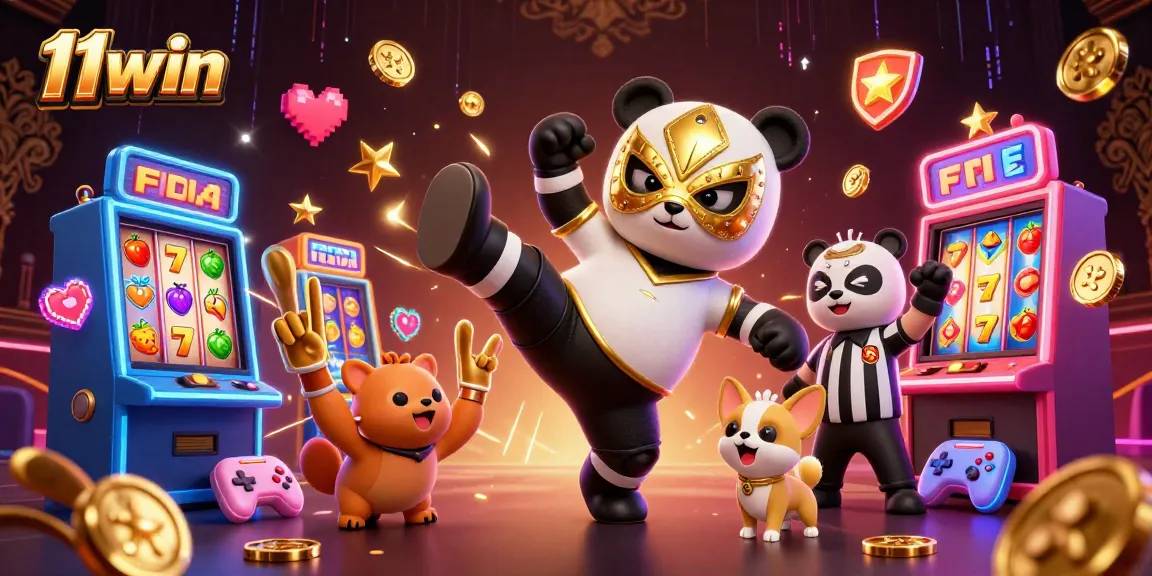 Watch 11win in action with a panda wrestler and a referee chihuahua in a lively casino scene.