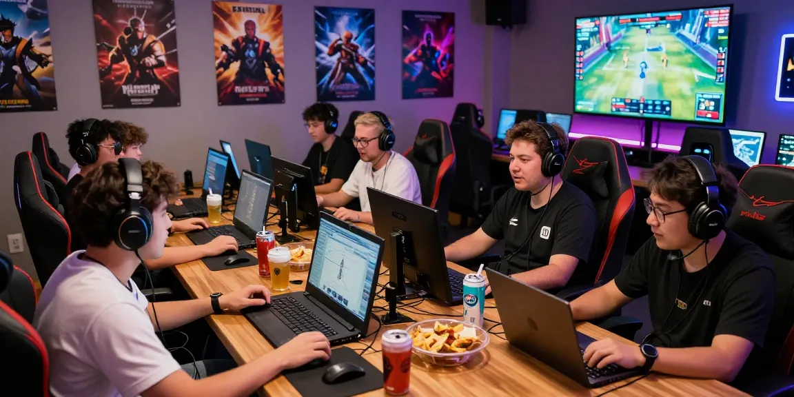 Rokok88 gaming community gathering with gamers discussing strategies and enjoying snacks.