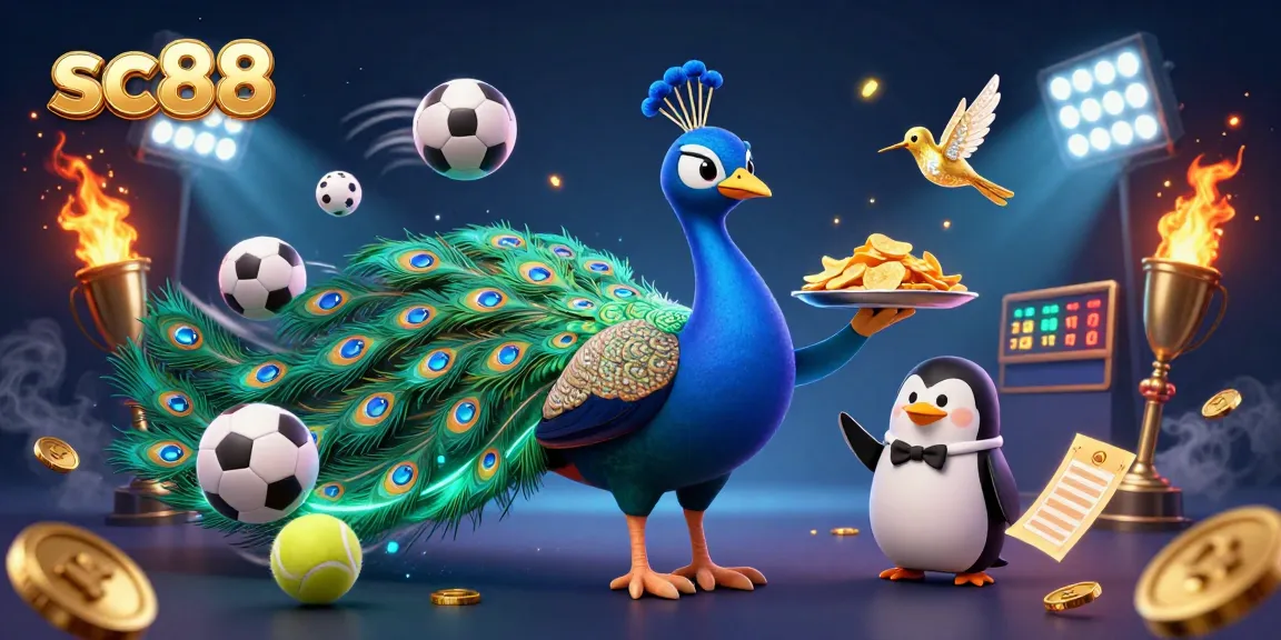 sc88 showcases a vibrant 3D illustration of a peacock and a penguin in a dynamic casino scene.