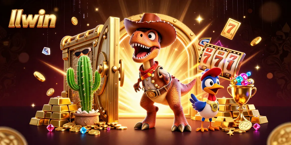 Experience thrilling jackpots with LLWIN as a T-Rex cowboy wins amidst treasure and slot games.