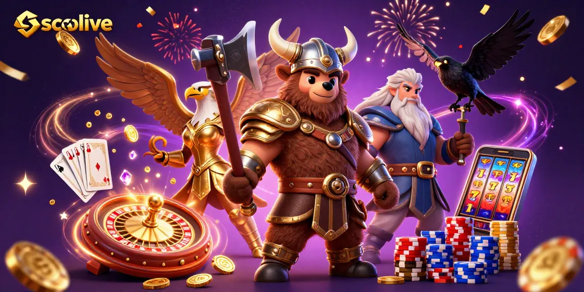 Socolive brings dynamic gaming scenes alive with Viking characters amidst casino elements.