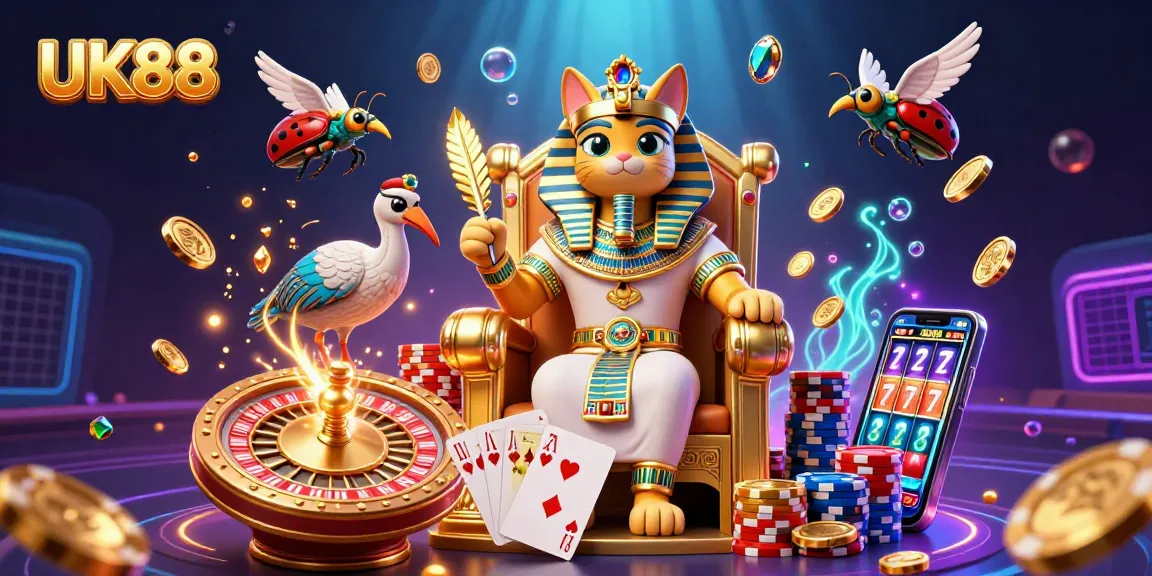 Engage with UK88's vibrant 3D casino scene featuring a pharaoh cat surrounded by luxury gaming elements.