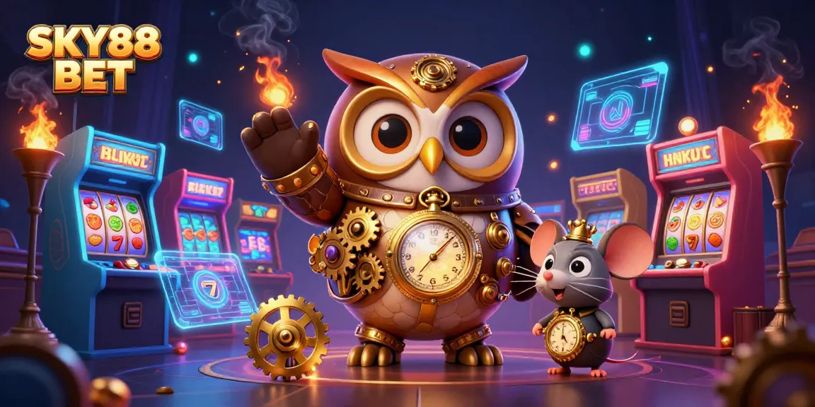 Immerse in the world of SKY88 BET with steampunk owl and slot reels in a vibrant casino scene.