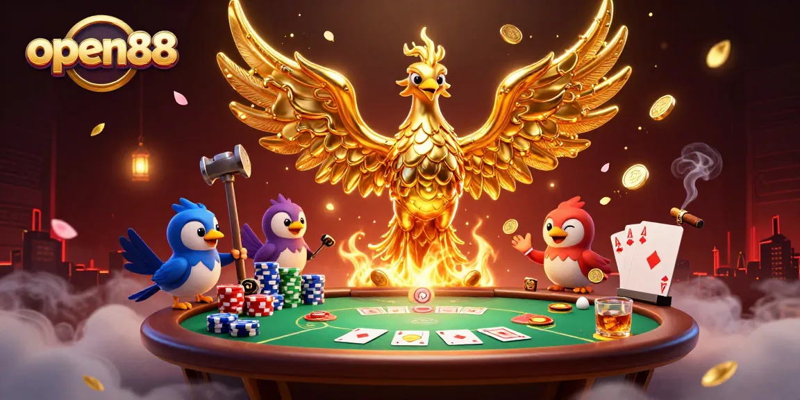Experience thrilling gaming at open88 with golden phoenix and poker elements in vibrant casino scene.