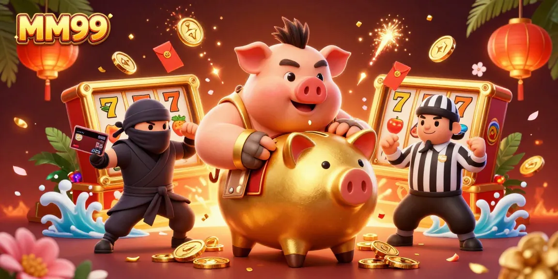 MM99's golden piggy bank sumo wrestler and wallet-ninja create a dynamic casino scene.