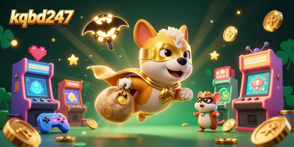 Engage with kqbd247's thrilling world of sports betting, featuring a superhero dog amidst vibrant casino elements.